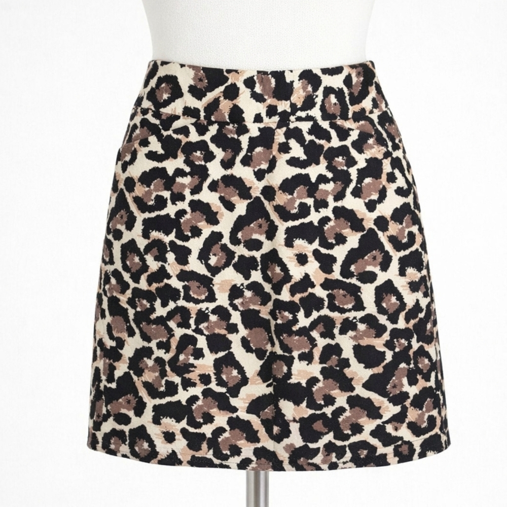LOFT Basketweave Textured Animal Print Mini Skirt 00P Black Tan Cream Pockets